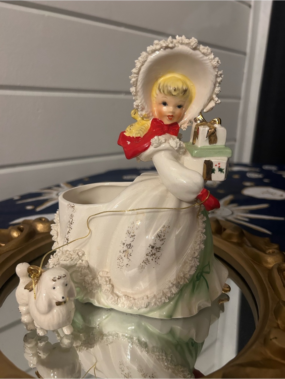 Vintage Rare 1960’s Napco Christmas Girl Shopper Planter with Poodle 6.75”